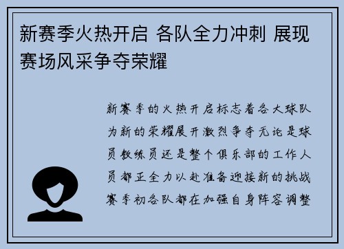 新赛季火热开启 各队全力冲刺 展现赛场风采争夺荣耀