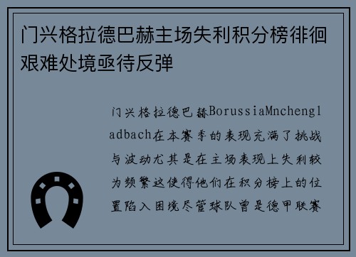 门兴格拉德巴赫主场失利积分榜徘徊艰难处境亟待反弹