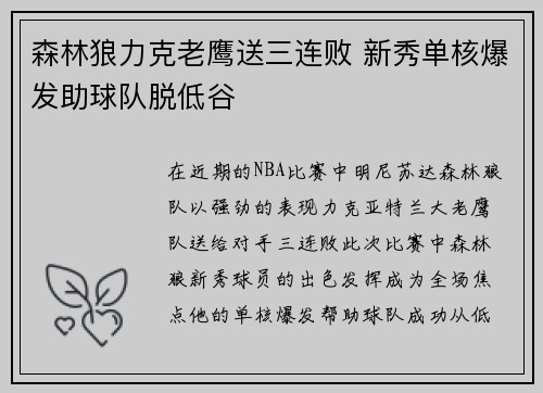 森林狼力克老鹰送三连败 新秀单核爆发助球队脱低谷